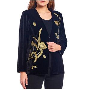 Ming Wang Black Velvet Embroidered Blazer Cardigan Size Large